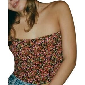 ZARA Floral Crop Top Corset Lined Strapless Tube Hook & Eye Multicolor XS